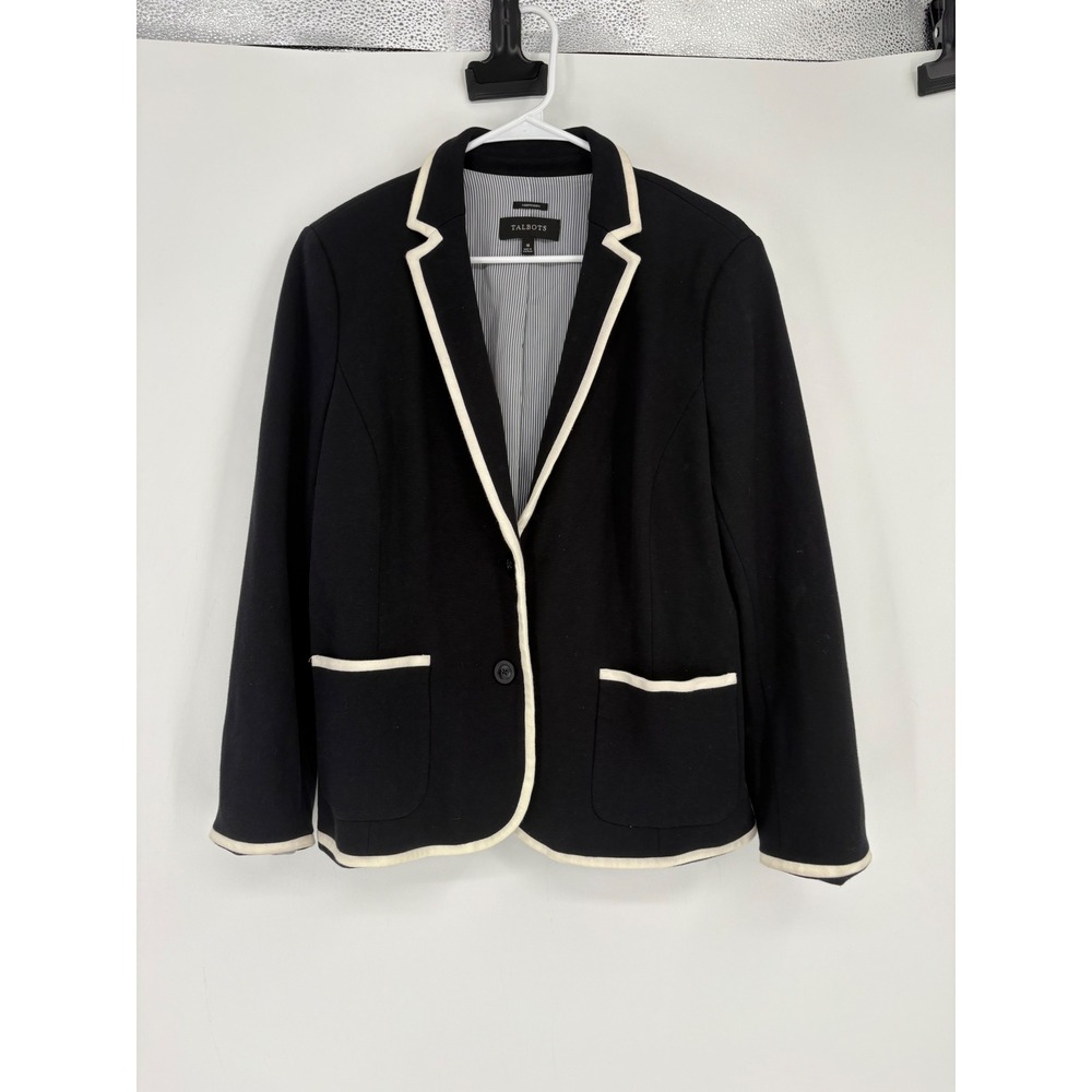 Talbots Blazer Women 16 Black Aberdeen Knit White Trim Contrast Preppy Career